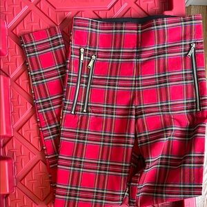 Zara Red Plaid Tartan Pants with Zipper Accents, XS